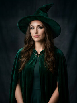 Young woman wearing a green velvet witch hat and cape against a dark background