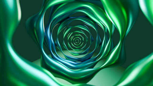 Abstract 3d digital art of twisted concentric green and blue rings