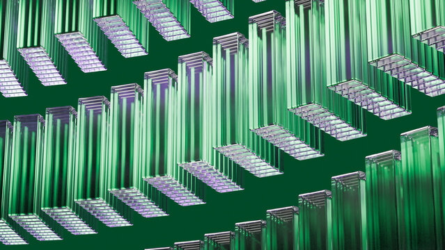 Abstract green glass columns arranged in repeating pattern