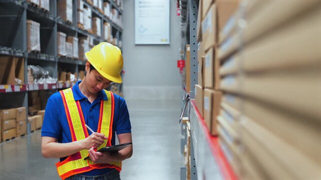Asian male warehouse worker in safety gear using digital tablet to check stock in distribution center aisle. Smart inventory control and logistics concept.