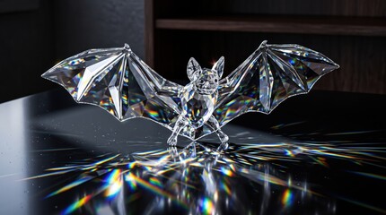 Fototapeta premium Crystal bat figurine on dark table. Faceted glass sculpture with rainbow light refractions