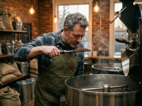 Middle-aged male roaster inspecting freshly roasted coffee beans from a roasting machine in a rustic roastery