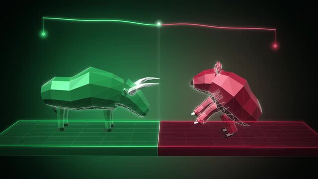 Green bull and red bear face off on a split green and red stage