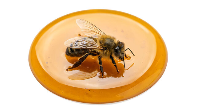 Honeybee standing on a circular drop of golden liquid honey