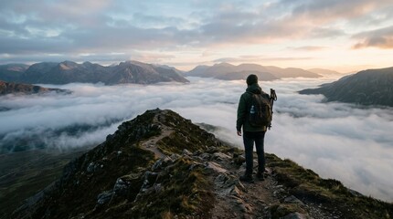 Obraz premium Male hiker standing on rocky mountain ridge above thick cloud inversion at sunrise