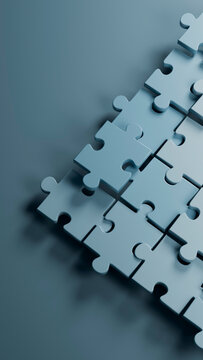 Blue three-dimensional puzzle pieces with one piece lifted