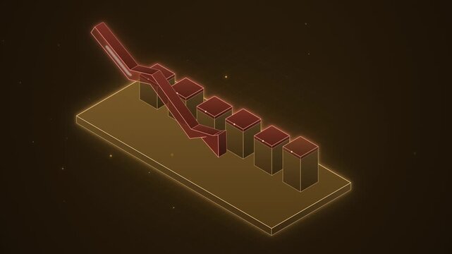 Recession crash arrow breaking through floor with falling red bars