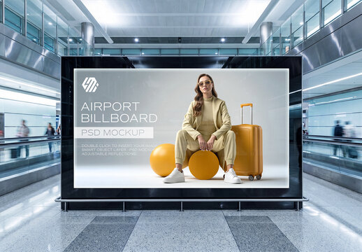 Horizontal Billboard in Bright Clean Airport Hallway Mockup