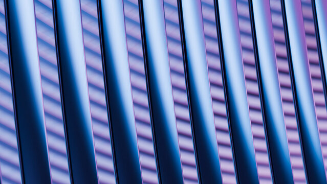 Abstract close-up of parallel blue metallic rods with purple shadows