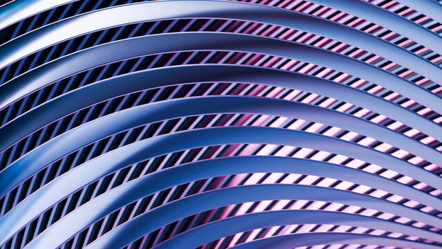 Curved blue metal architectural structure with repeating lines