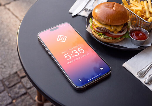 Modern Mobile Phone on a Restaurant Terrace Table Mockup
