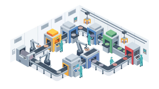 Isometric Factory Interior Cutaway with Robotic Arms, Conveyor Line, Gantry Crane and Production Machines