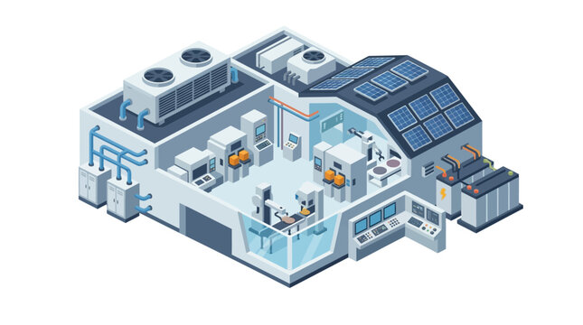 Isometric Industrial Building Cutaway with Rooftop Solar Panels, HVAC Units, Water Tanks and Technicians