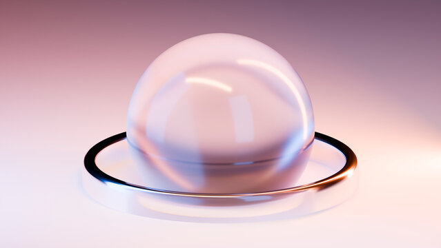 Glass sphere inside reflective metal ring on gradient background