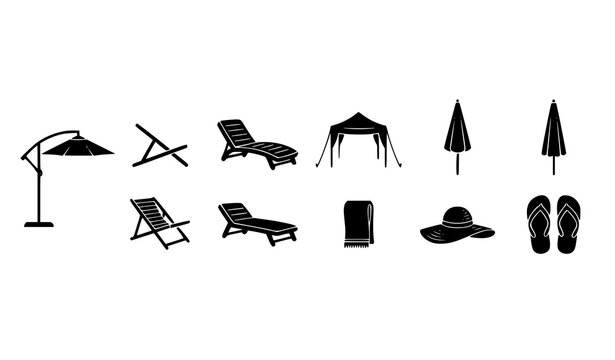 Beach umbrella chair and summer holiday silhouette vector icon collection