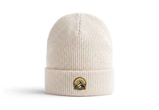 Winter Wooly Hat Mockup Isolated on White with Embroidered Logo - Front View