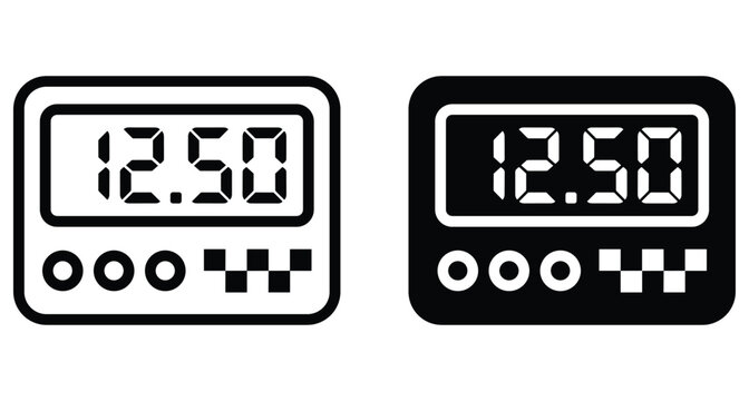 Taxi taximeter icon set showing fare price on digital display with checkerboard pattern for transportation and cab service apps