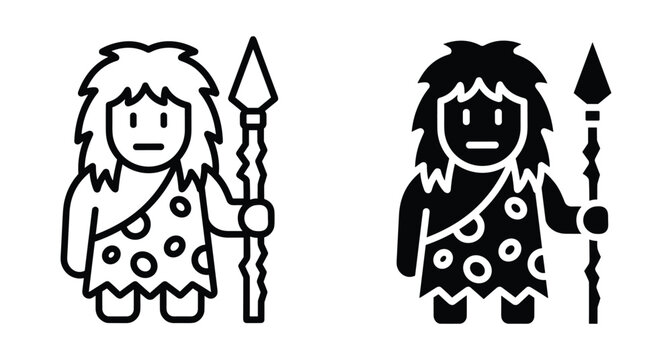 Caveman icon set featuring primitive man holding spear wearing animal skin clothing in outline and solid black glyph styles
