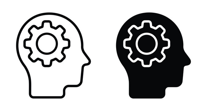 Human head profile icon with gear inside representing mental process logic thinking intelligence engineering psychology configuration settings and brain function
