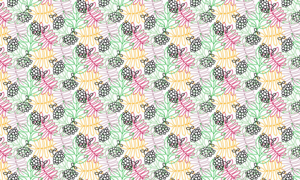Colorful linear rowan leaves and black outline berries clusters on white. Autumn seamless floral pattern background for textile, fabric, design, art, interior, ceramic, wallpaper, paper decoration