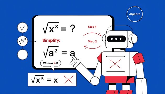 Robot demonstrating algebra simplification on digital screen with