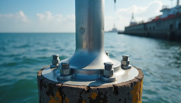Close-up of a weathered metal bollard with bolted base fixture at a seaport, with calm blue ocean and harbor structures visible in the background.