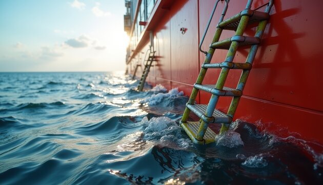 A weathered rope ladder with green and blue bindings hangs from a large red ship's hull beside calm ocean waters. Waves lap against the vessel in bright daylight with clear sky above.