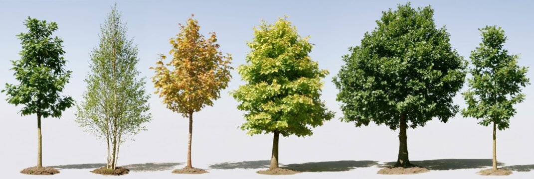 Six different trees lined up against a plain background