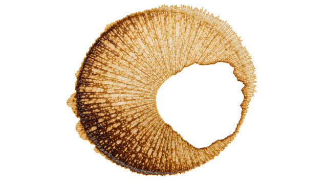 Brown coffee stain ring with textured pattern, isolated on transparent background