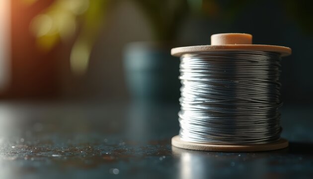 A spool of shiny metal wire with wooden flanges sits on a dark surface in warm industrial lighting. The tightly wound silver wire and natural wood spools are sharply focused against a blurred...