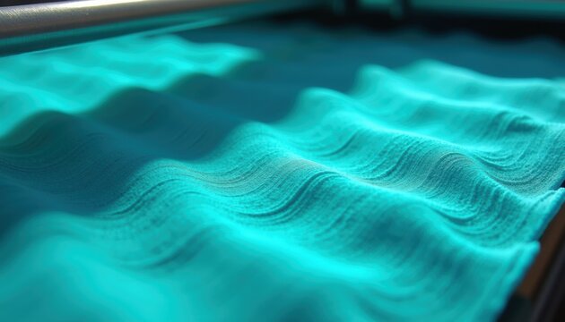 Closeup of turquoise corrugated roofing material with wavy ridges and metallic edge. The textured surface shows parallel wave patterns with bright overhead lighting.