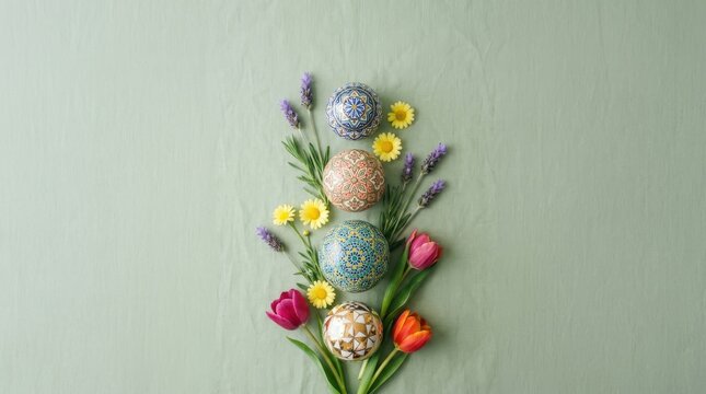 Spring flat lay composition with decorated Easter eggs and fresh spring flowers arranged vertically on a soft green textile background for seasonal