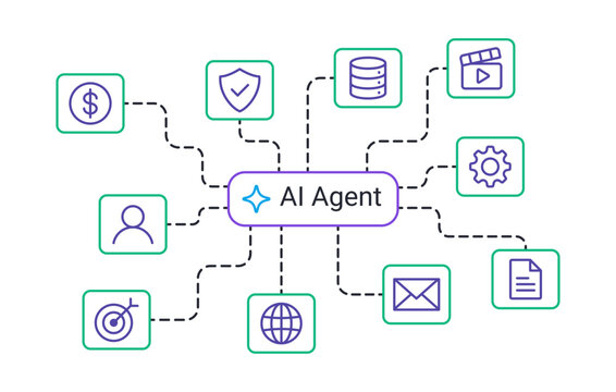 AI agent workflow infographic diagram with artificial intelligence integration network and automation process symbols. Vector illustration