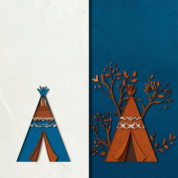 Square paper cut split background with teepee tents, tree branches, dark blue background, and white copy space