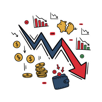 Downturn financial graph with coins and empty wallet financial loss red arrow