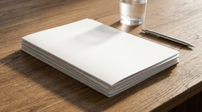 Stack of blank white paper brochures on wooden desk with metallic pen and glass of water for corporate stationery mockup presentation design