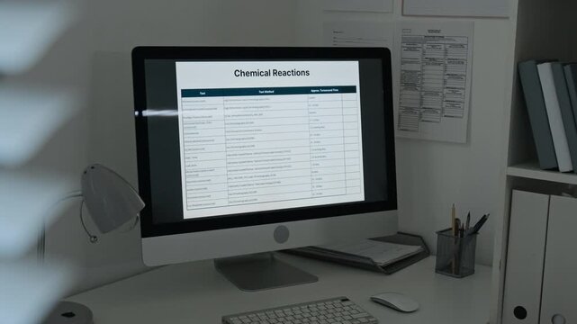 Desktop computer displaying scientific chemical reaction data sheet in workplace office. Clip suitable for pharmaceutical research, chemistry education, laboratory marketing