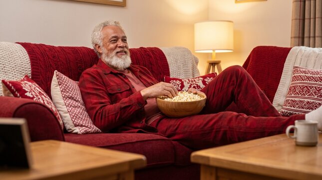 Senior man relaxing on a comfortable sofa at home, enjoying popcorn during a cozy movie night, finding happiness in leisure and entertainment