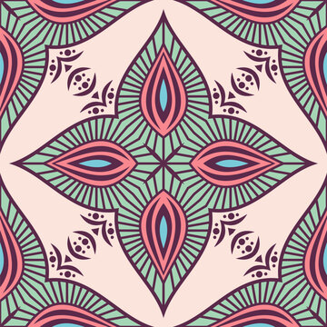 Seamless vector color pattern with abstract ethnic mandala motifs in mint, coral, and blue color. Decorative boho background. Endless vector pattern. Stylish flat design geometric ornament.