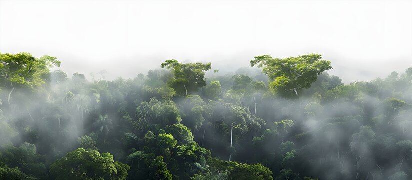 Aerial View of Tropical Rainforest Canopy Rising Above Morning Mist and Low Clouds