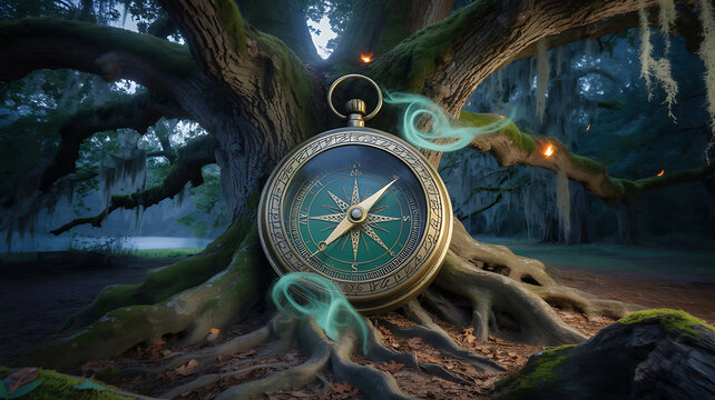 Vintage Brass Compass resting on Ancient Tree Roots, Magical Forest Navigation Scene, Glowing Mystical Smoke Concept