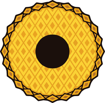 Traditional Indian tabla drum top view featuring geometric yellow pattern on white background