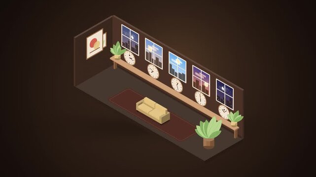 Isometric warm brown room with clocks and windows for time zones