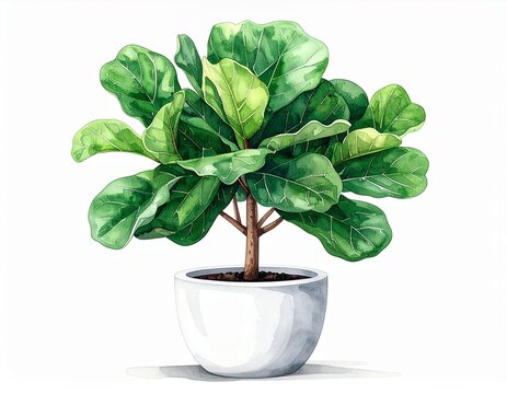 Fiddle Leaf Fig tree in white ceramic planter, watercolor indoor plant asset isolated