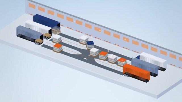 Isometric cross dock hub sorting pallets on a white background