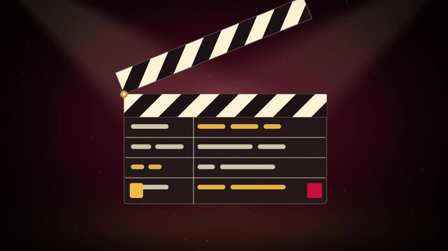 Clapperboard clap with orange sparks and light rays on dark red