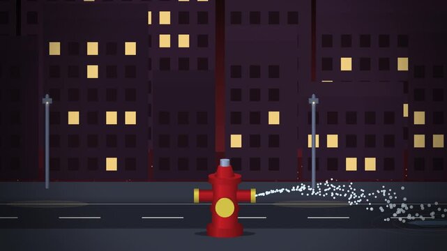 Red fire hydrant spraying water jet on night city street