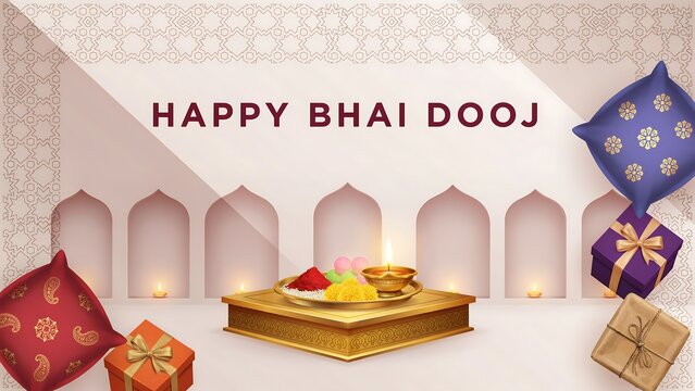 Happy bhai dooj greeting card with gifts and puja plate