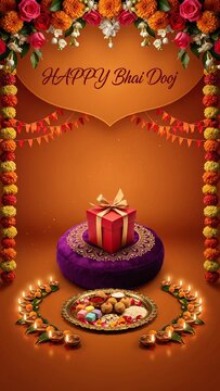 Happy bhai dooj festival greeting card with gift and sweets