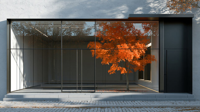 Modern minimalist commercial storefront window displaying vibrant orange autumn tree inside spacious empty room